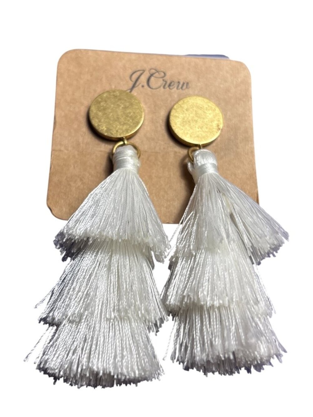 J. Crew White Tiered Tassel Dangle Earrings Goldtone Circles 3 inches New